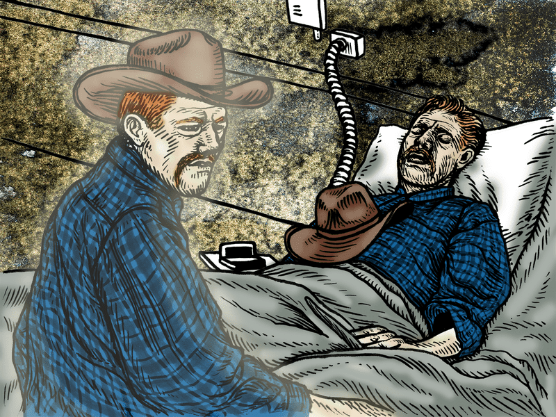 A ghostly man in a cowboy hat looking at himself in a hospital bed.