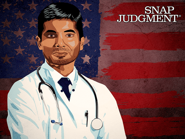 A Muslim doctor is looking forward in his white medical coat. The American flag is behind him.