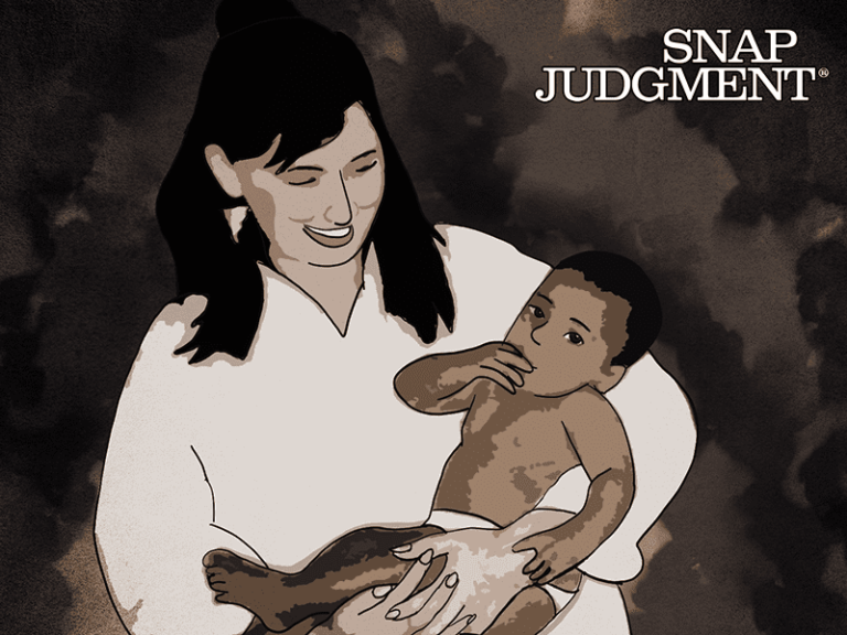 A mother holding a baby.