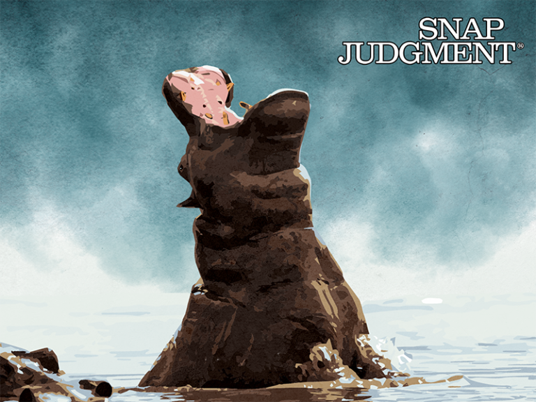 A rogue hippo bursting out of the water, mouth open wide.