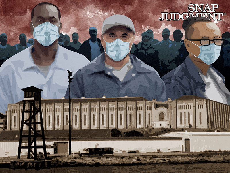 Three men wearing masks behind the San Quentin Prison building. Inmates’ silhouettes are in the distance.