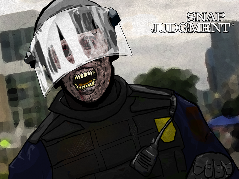 A zombie cop with its mouth wide open