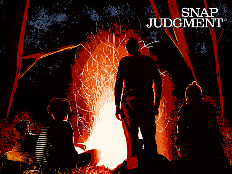 A group of people telling stories around a campfire.