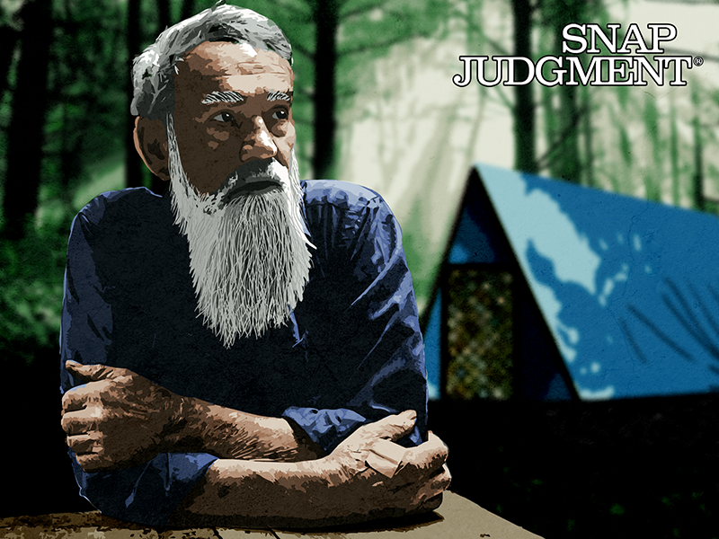 A man with a white beard in the woods in front of a tent.