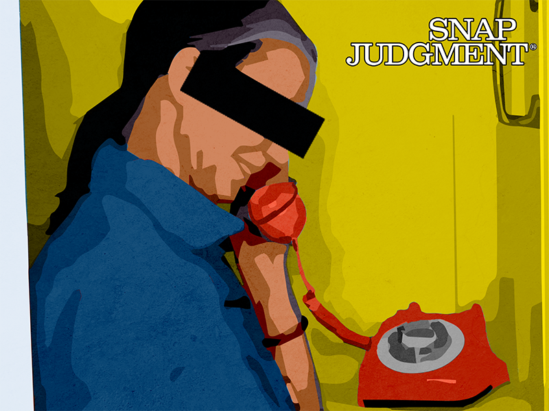 An anonymous person on a the phone in a phone booth.