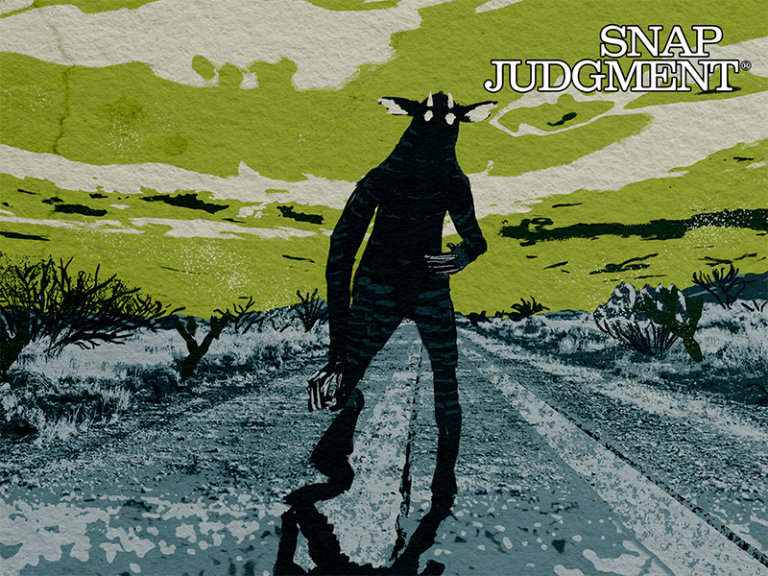 A horned creature with long fingers running down a desert road.