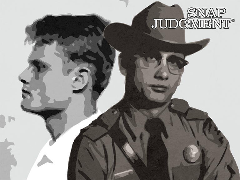 Two men are pictured. One is a Texas Ranger wearing a cowboy hat and one is a man showing his profile for a mugshot.