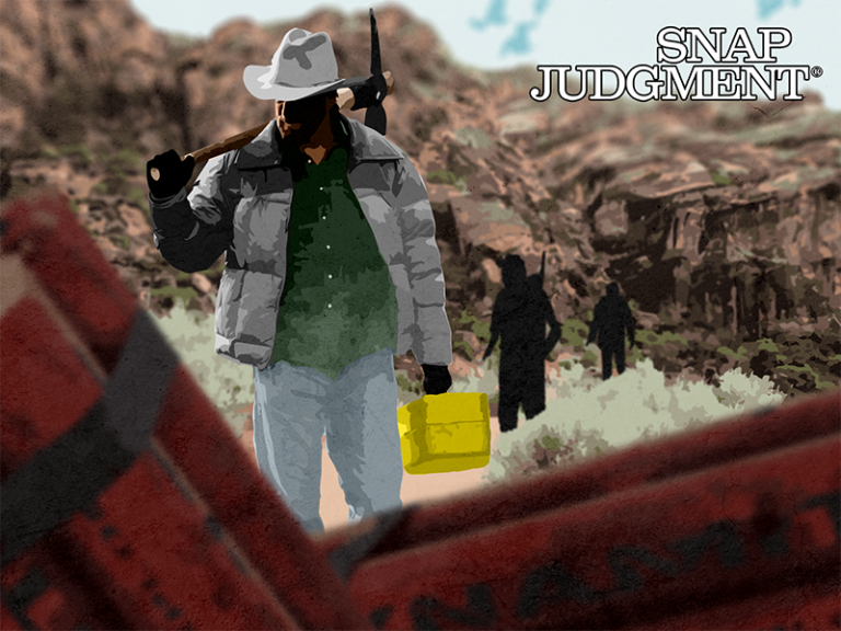 A miner in a cowboy hat out in the wilderness.