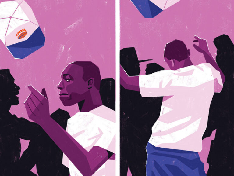 A man dancing, throwing his hat in the air, with a crowd behind him.