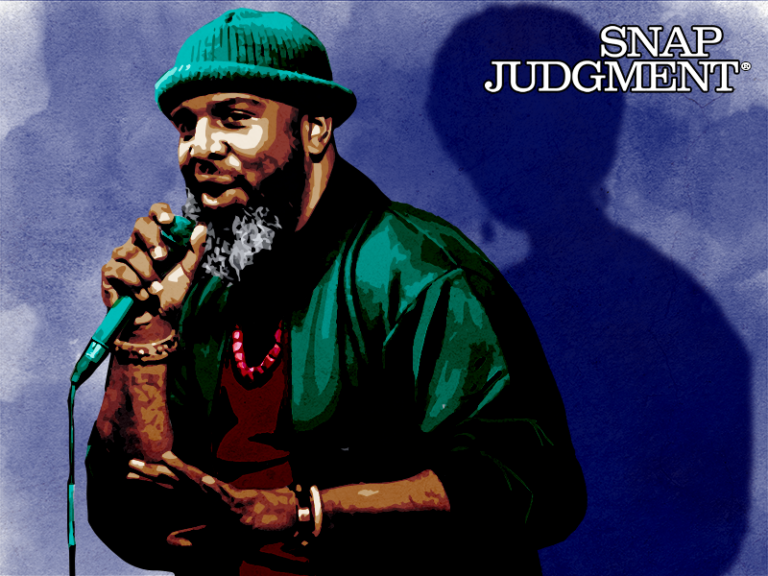 A man on a microphone performing, his shadow is a woman's silhouette.