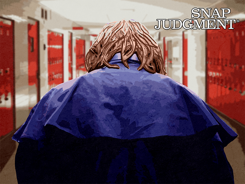 The view behind a teenage boy wearing a trench coat in a high school hallway.