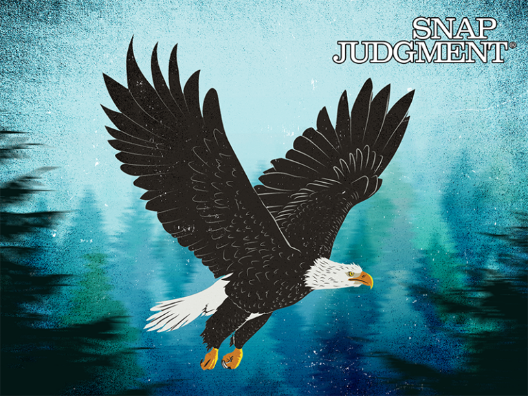 A giant bald eagle flying over a forest, with wings outstretched.
