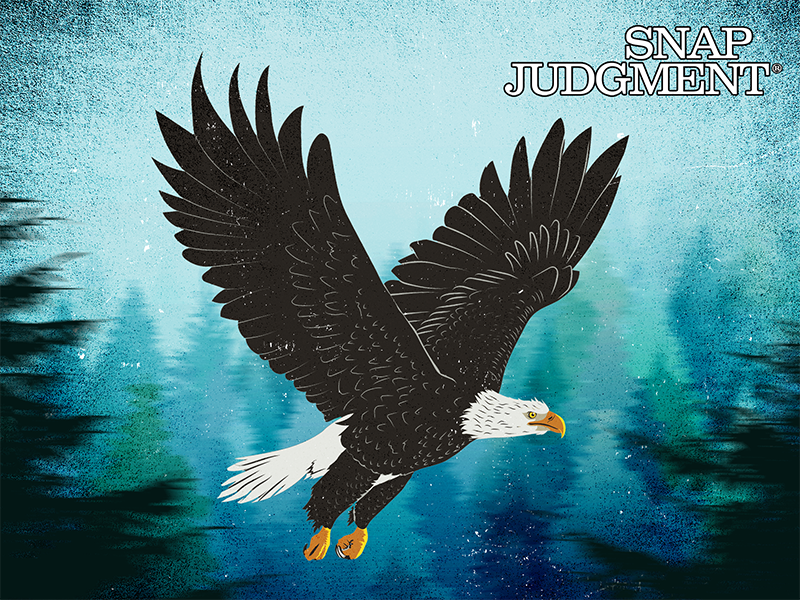 A giant bald eagle flying over a forest, with wings outstretched.