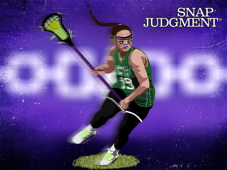 A native girl is in action playing lacrosse, holding up her lacrosse stick.