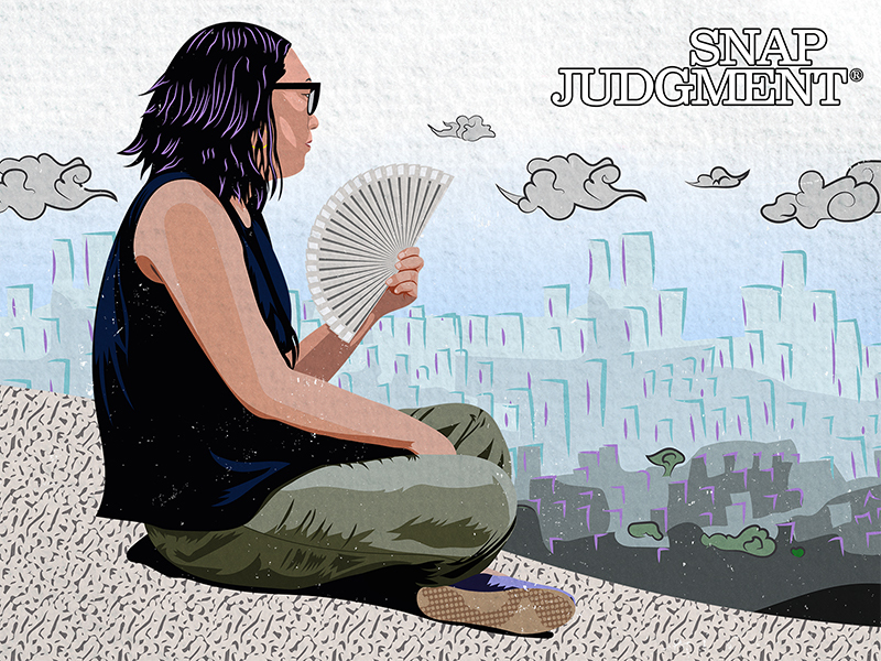 A woman holding a fan looking over a city. Clouds float above.