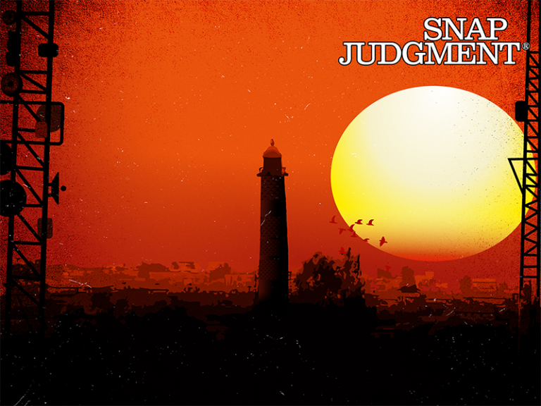 A giant sun sets in Mosul's orange sky.