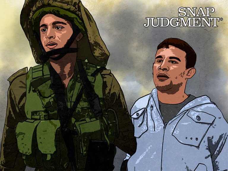 Two men with serious looks on their faces. One is an Israeli soldier and one is a Palestinian civilian.