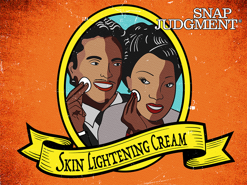 A man and woman applying skin lightening cream. Their faces are two colors, one on each side.