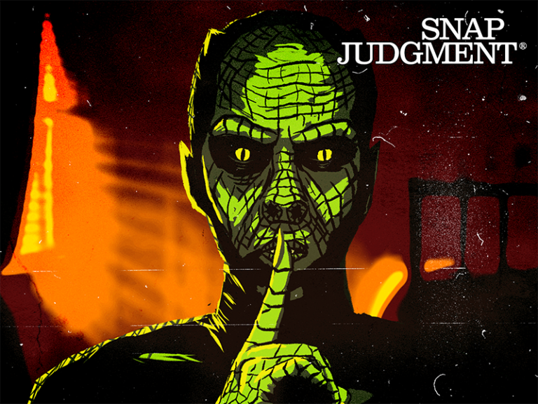 A green demon with yellow eyes is whispering, with his finger pressed to his lips.