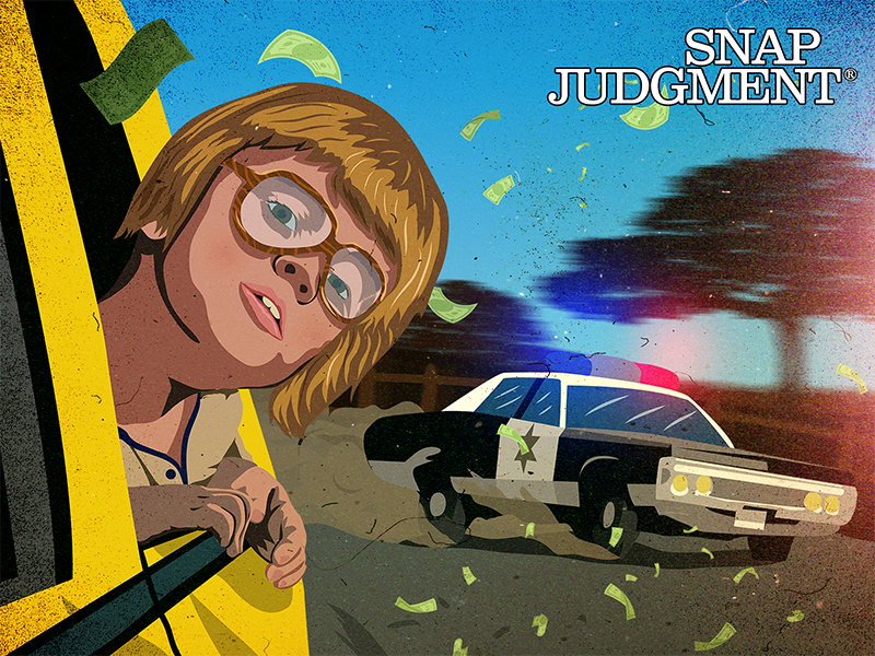 A little boy with blonde hair and glasses is in the back seat of a car, looking out the window. A police car is racing behind to chase the car he is in.