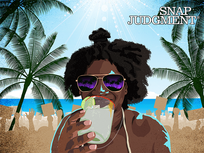 A woman is sipping a cocktail on a beach in Tulum. She is wearing sunglasses and a bathing suit. The sand on the beach has silhouettes of fists raised.