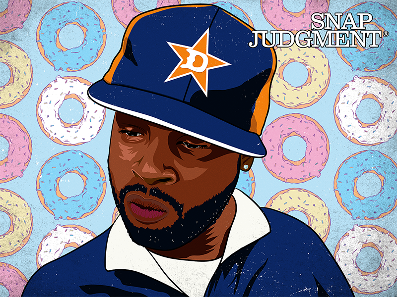J Dilla is wearing a hat. Donuts are in the background.