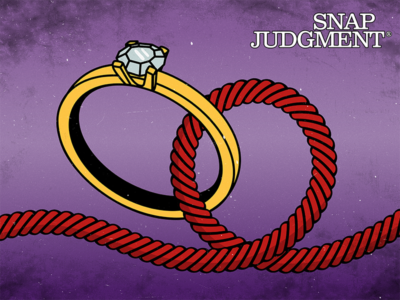 A rope is looped around a wedding ring.