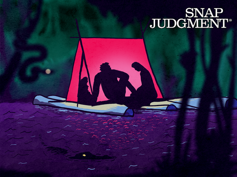 A pink tent is pitched on a raft with a couple inside. The raft is floating down the Amazon River.