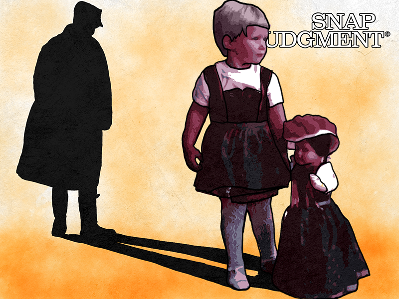 A little girl's shadow is her grandfather. She is holding a doll. Her past is haunting her.