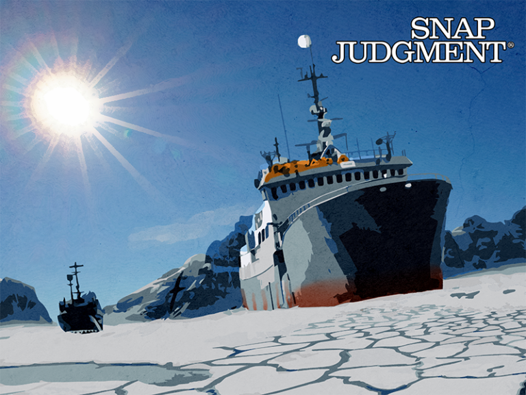 A ship chasing after another ship on the high seas surrounded by ice.