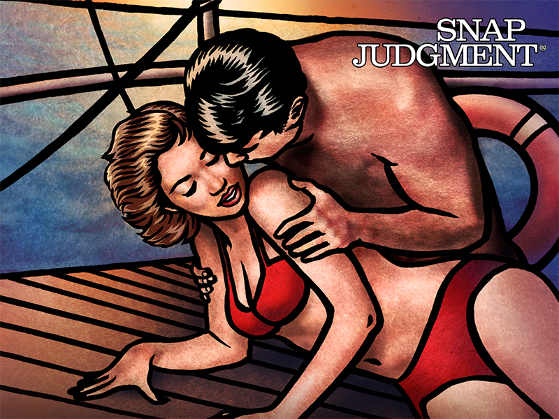 A man and woman are in their bathing suits embracing each other on a raft in the ocean.