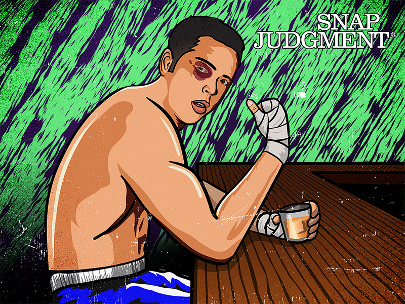 A man with a black eye is sitting at a bar with a shot glass. He is wearing boxing attire.