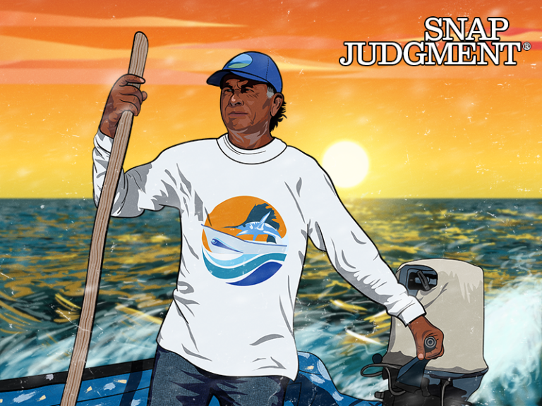 A fisherman is in a boat out on the ocean. There is a sunset behind him.