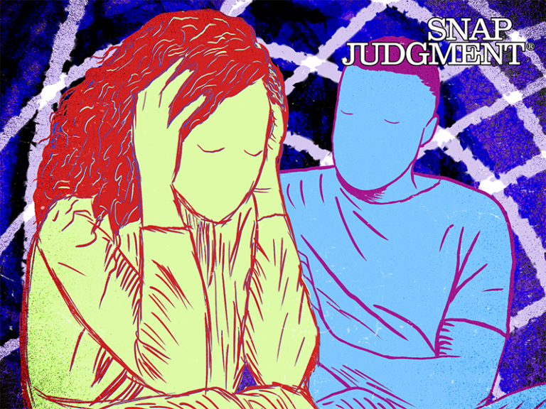 A wife and husband are sitting together. The woman has her hands around her head and her husband is comforting her. They are both depicted in bright colors.