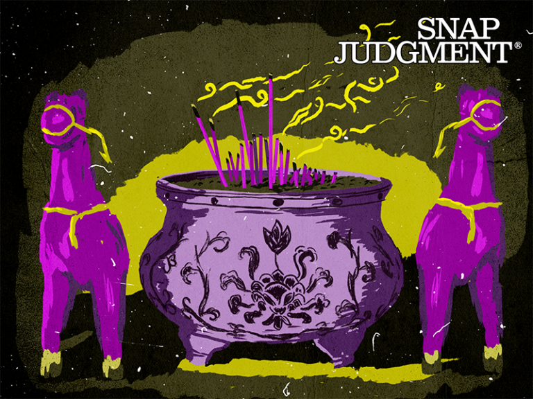 A shrine with small horses and incense.