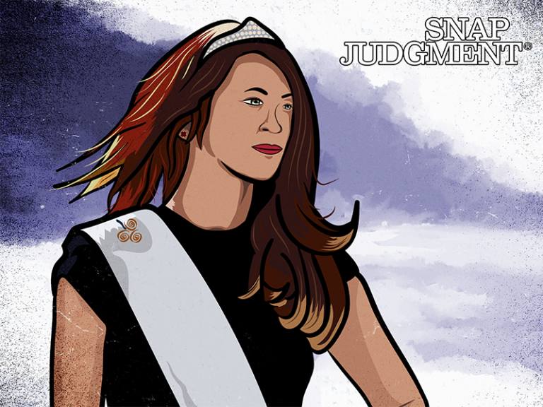 A woman in pageant wear is looking strongly off into the distance. She has long brown hair.