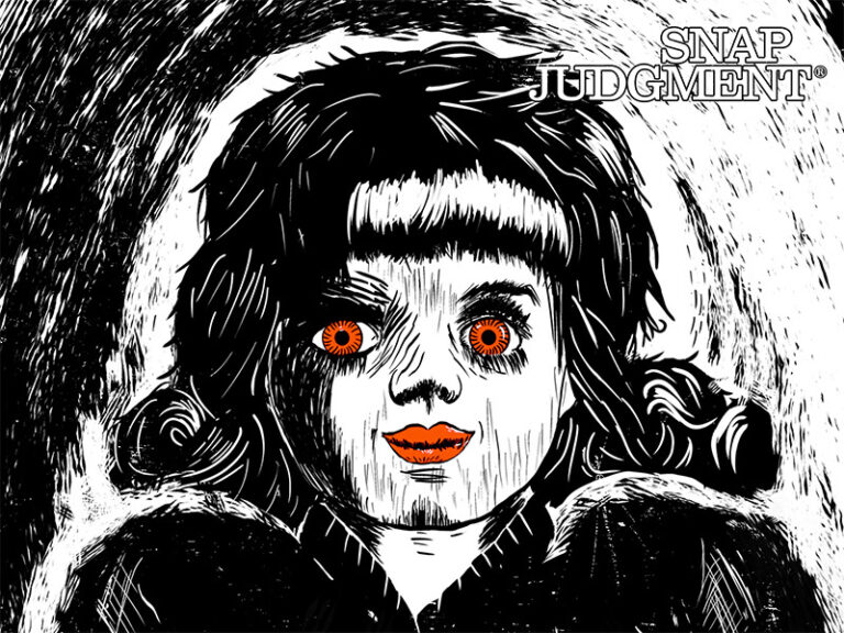 A haunted doll with big hair and red eyes and lips. She has a creepy smile.