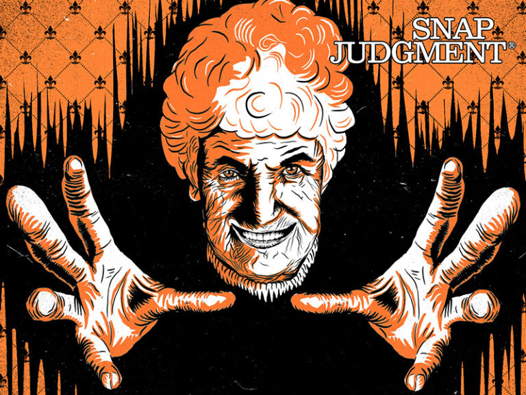 An old woman with a menacing face is jumping forward at the viewer with her hands reaching forward. She has puffy white hair and a scary grin.