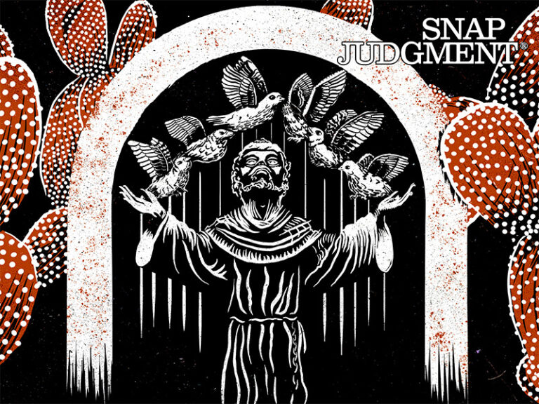 A sacred shrine is shown with a clay St. Francis of Assiss is in a garden surrounded by cactus.