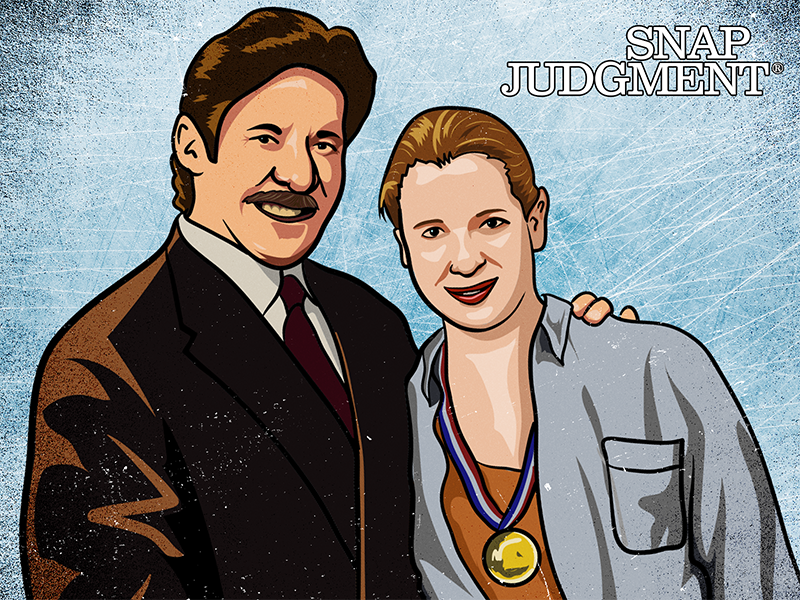 A man and woman are facing forward, smiling. The woman has a medal around her neck and looks like Tonya Harding.