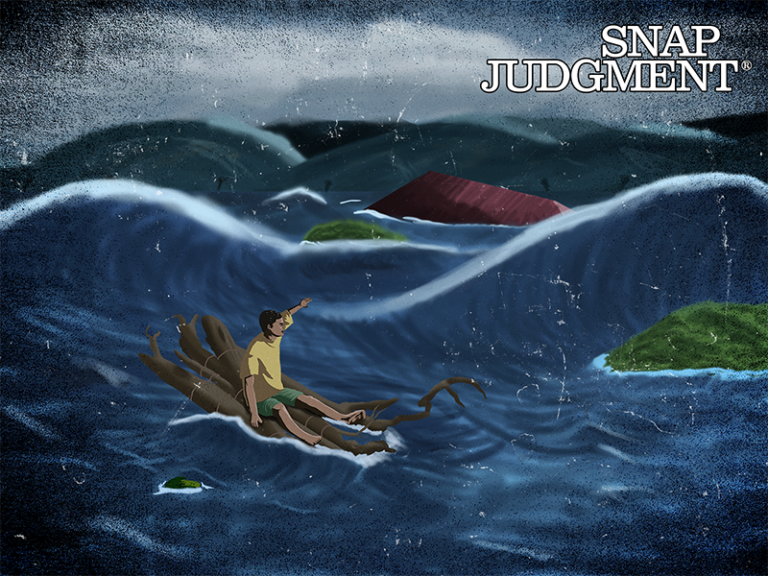 A boy is on a tree log floating in the ocean. There are big waves surrounding him.