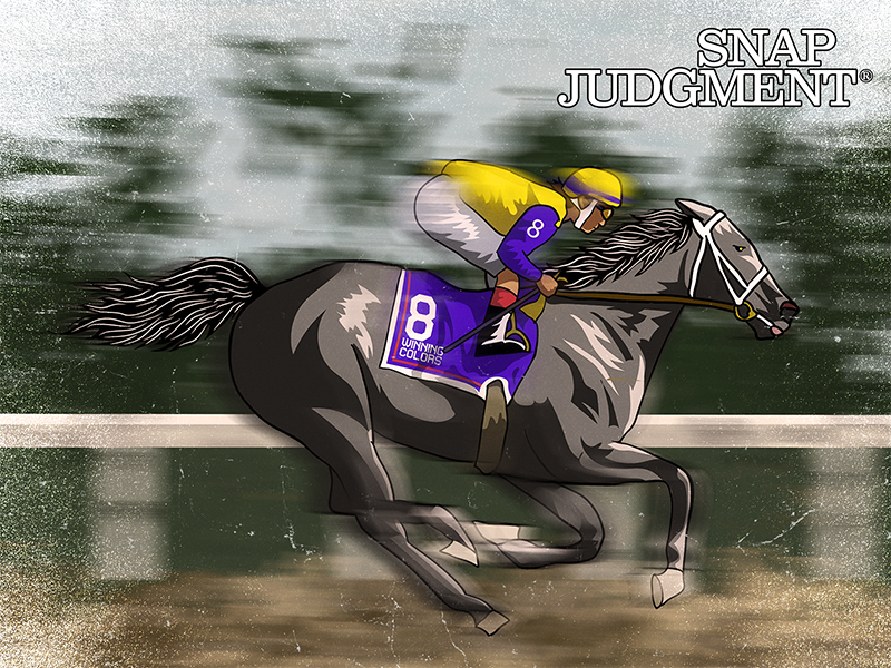 A beautiful grey filly is on the racetrack galloping to the finish line. A jockey wearing yellow is on her back.