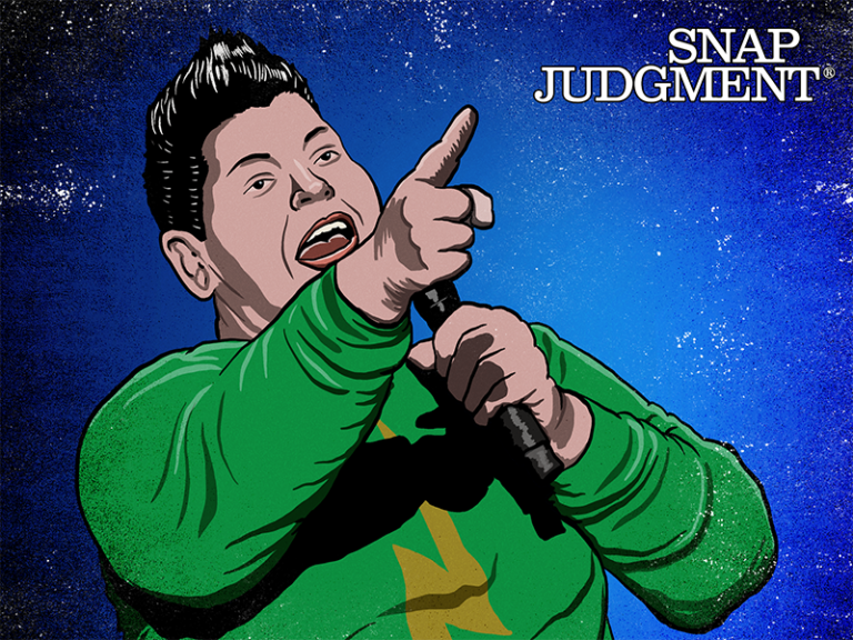 A comedian is holding a mic pointing out to the sky.