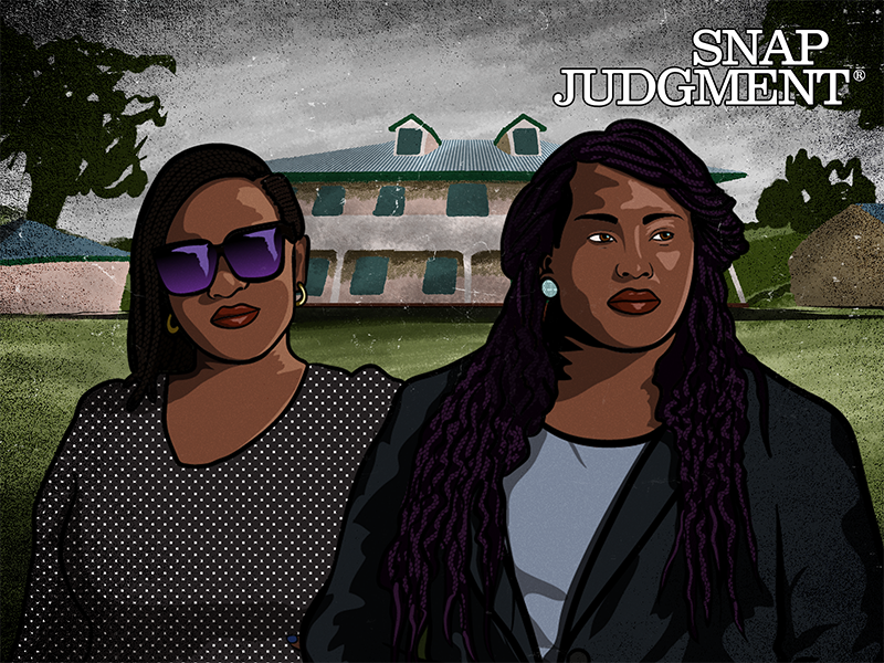 Two sisters are standing in front of a children's home. They look serious and are on a mission.