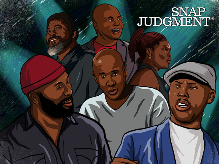 Five storytellers are backstage getting ready to tell each other stories.