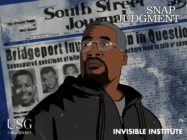 A man in glasses and a hoodie is looking to the side. A Chicago newspaper is in the background.