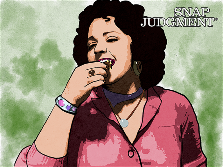 A woman wearing a pink shirt with curly hair is eating a weed brownie.