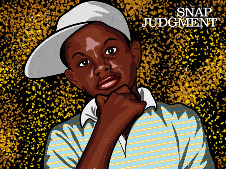 A little boy with a white hat and striped shirt is looking at the viewer.