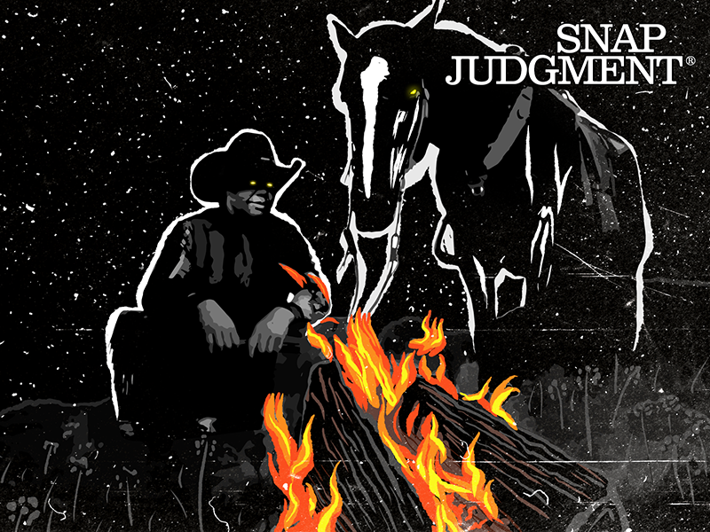 A man in a cowboy hat and his horse are sitting next to a fire. They both have demonic glowing eyes.