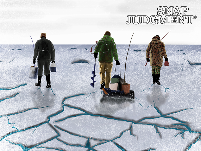 Three men are ice fishing on top of ice. They are bundled up and are holding fishing poles.